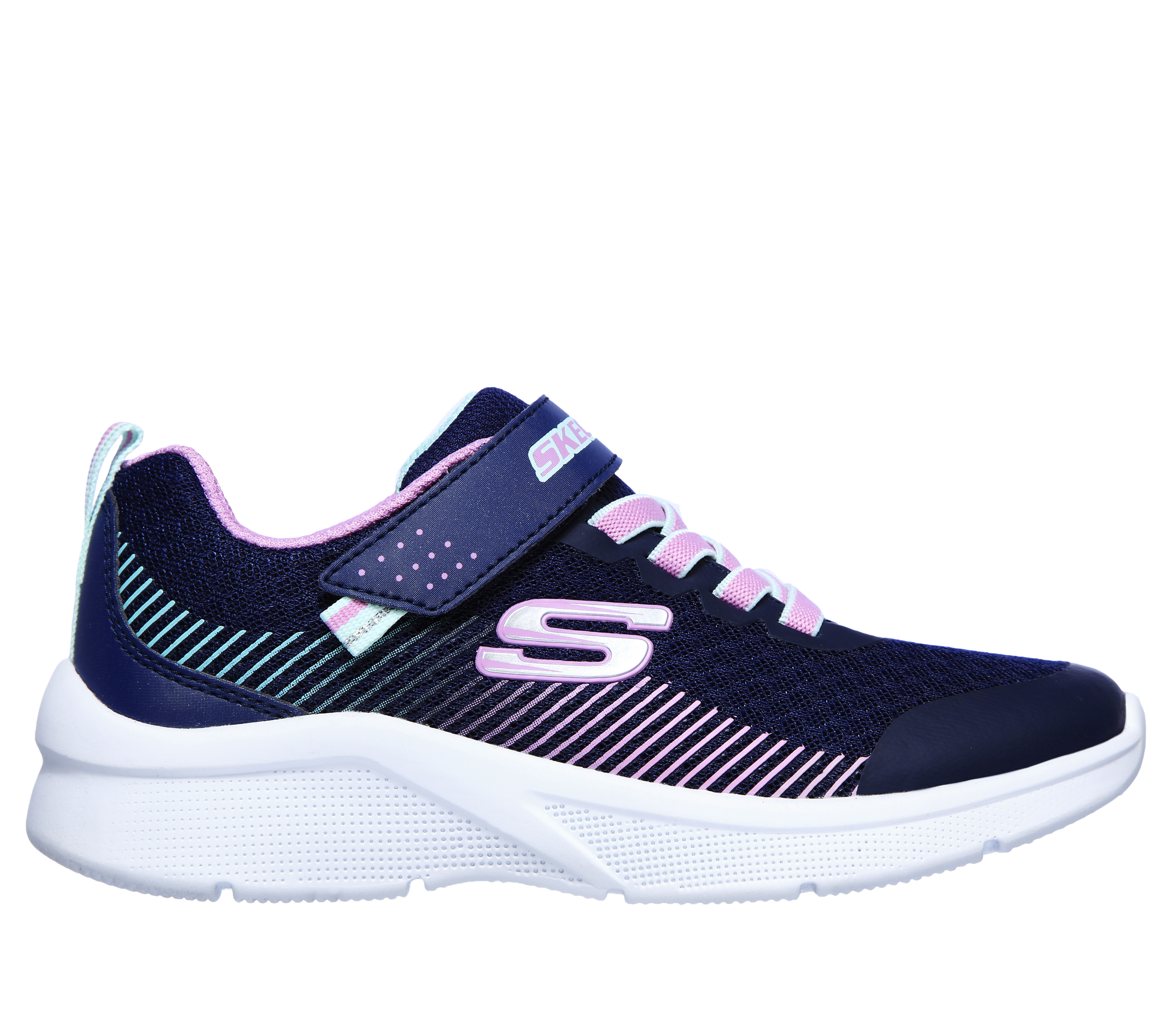 Skechers niña Microspec en Navy/Lavanda, talla 35.5, Vegan